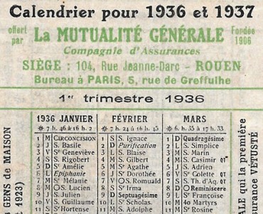 Calendrier 1936/37 La Mutualité Générale