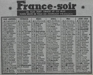 Calendrier 1949 France-Soir