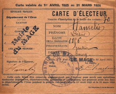Carte d'électeur 1925
