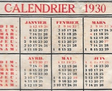 Calendrier 1930 Chemiserie de Paris Fontainebleau 