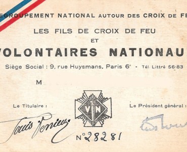Carte d'adhérent aux Volontaires Nationaux (01)