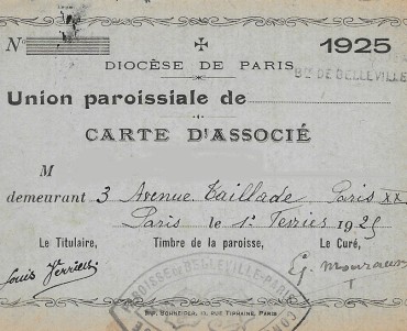 Carte d'Associé, Paroisse de Belleville